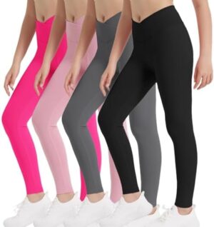 EXARUS 4 Pack Girls Leggings Kids Yoga Pants Crossover V Waist Ankle/Full Length High Waisted for School Casual Dance