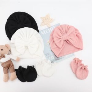 BQUBO Newborn Baby Hospital Hats Beanie Bow Infant Caps Baby Cotton No Scratch Mittens Set for 0-12 Months - Image 7