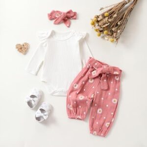 Baby Girl Fall Clothes Set Long Sleeve Crewneck Floral Print Romper Top Pants Cute Newborn Outfit 3 6 12 18 24 Months - Image 2