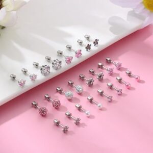 SAILIMUE 12 Pairs Hypoallergenic Screw Back Earrings for Women Girls Surgical Steel Cute Heart CZ Flower Pearl Ball Tiny Screwback Stud Earring - Image 9