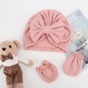 BQUBO Newborn Baby Hospital Hats Beanie Bow Infant Caps Baby Cotton No Scratch Mittens Set for 0-12 Months - Image 4