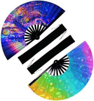 2 PCS UV Glow Large Rave Folding Hand Fan for Men Women, Decorative Folding Hand Fan for Party, Festival Essential, EDM Rave Accessories - Waves 13'' + Rainbow 13''