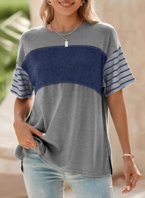 Dokotoo Summer Tops Trendy Oversized 2025 Crewneck Casual Color Block Striped Womens Shirts Blouses - Image 3