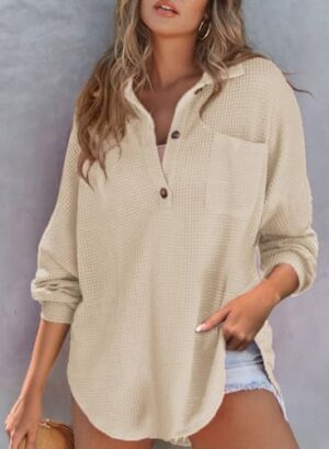 Astylish Women Waffle Knit Tops Henley Shirts Long Sleeve V Neck Solid Color Casual Tunic - Image 4