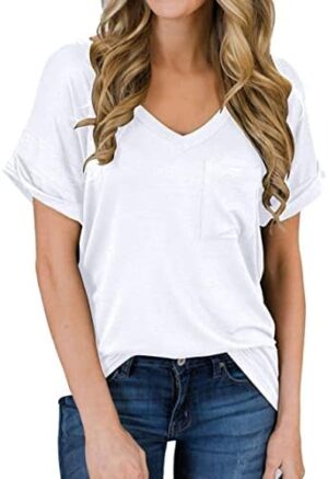 MIHOLL Women's Short Sleeve V-Neck Shirts Loose Casual Tee T-Shirt