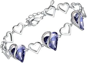 Leafael Infinity Love Heart Link Bracelets, Birthstone or Healing Stone Crystal Bracelet for Women, Silver Tone Jewelry Gifts for Her, 7-inch Chain and 2-inch Extender