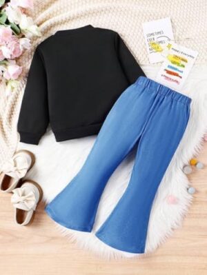 Toddler Girl Clothes Long Sleeve Cartoon & Letter Graphic Top + Fruit Stationery Print Flared Leg Pants - Image 7