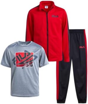 Fila Boys' Tracksuit Set - 3 Piece Performance Tricot Jacket Athletic Pants and Graphic Tee Activewear Set (Sizes: 2T-4)