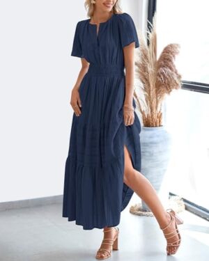 BTFBM Womens Summer 2025 Casual Midi Maxi Dresses Lightweight Short Sleeve V Neck Elastic Waist Boho Beach Dress Pockets - Image 8