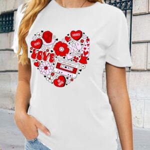 Valentine's Day Tshirt Women Cute Love Heart Tees Funny Cassette Tape Letter Print Splicing Short Sleeve Lover Tee Tops - Image 4