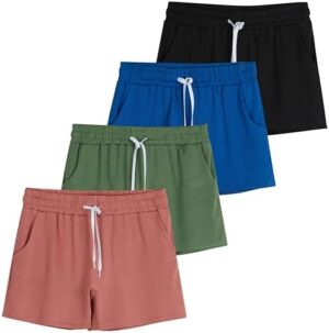 Real Essentials 4 Pack: Girls Athletic Performance Dry-Fit Running Shorts with Drawstring & Pockets