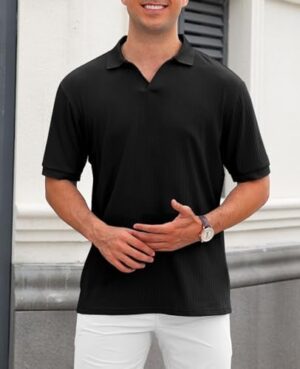 Hodaweislop Men's Knit Polo Shirts V Neck Casual Short Sleeve Classic Fit Ribbed Golf Shirt - Image 3