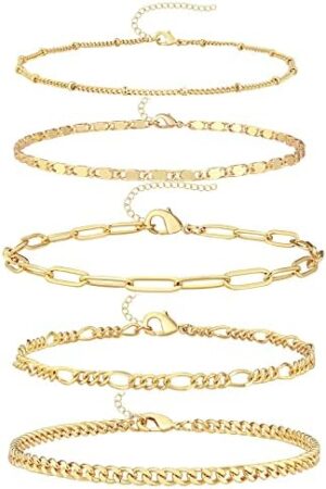 Ankle Bracelets for Women, 14k Gold Jewelry Set Waterproof Layered Cuban Figaro Link Chain Anklets Set Gold Anklets Gift Adjustable Size