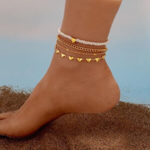 Fesciory Women Heart Anklet Adjustable Beach Layered Ankle Bracelets for Women Gold Alloy Foot Chain Jewelry - Image 5