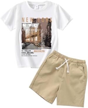 Toddler Boy Clothing-Landscape Graphic Print Short Sleeve & Drawstring Waist Shorts-Little Boys Summer Set（3-7T）