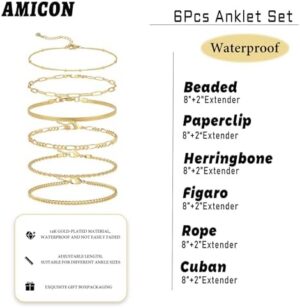 6 PCS Gold Ankle Bracelets for Women, 14k Plated Gold Layered Anklet Set Waterproof Herringbone Paperclip Beaded Figaro Cuban Link Chain Beach Stackable Anklet Bracelet Jewelry Gift for Women - Image 4