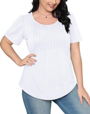 OFEEFAN Womens T Shirts Short Sleeve Pleated Dressy Casual Scooped Neck Summer Tops Blouses - Image 4