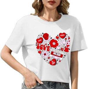 Valentine's Day Tshirt Women Cute Love Heart Tees Funny Cassette Tape Letter Print Splicing Short Sleeve Lover Tee Tops - Image 5