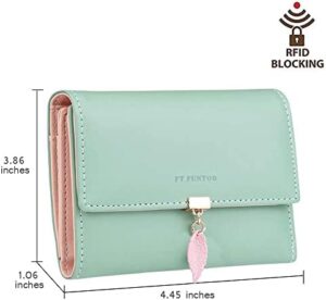 FT FUNTOR RFID Wallets for Women, Leaf Card Holder Trifold Ladies Wallets Coins Zipper Pocket with ID Window Green - Image 5