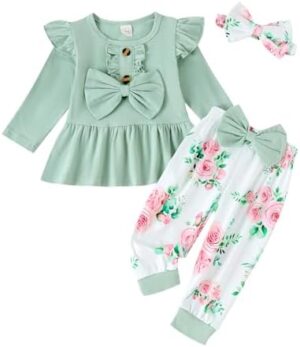 Baby Girl Clothes Infant Toddler Outfits Ruffle Top + Floral Pants + Bow Headband Set Baby Girls' Clothing