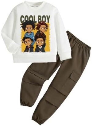 Toddler Boy Clothes Outfits - Cartoon Graphic Print Round Neck Sweatshirt and Cargo Pants - Boys Clothing Set