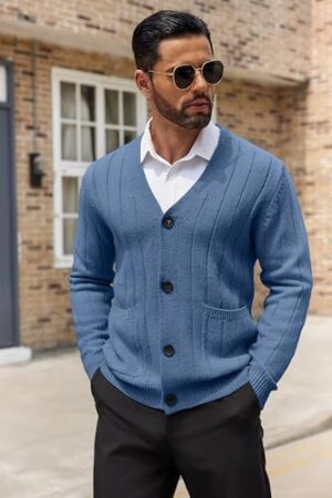 COOFANDY Men's Cardigan Sweater Cable Knit V Neck Button up Sweaters Ribbed Cardigan Sweater with Pockets - Image 4