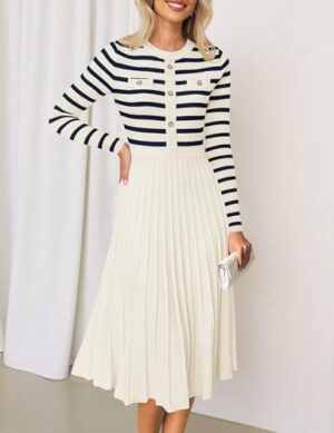 ZESICA Womens Long Sleeve Striped Midi Dresses Crewneck Button Ribbed Knit Pleated A Line Swing Sweater Dress - Image 2