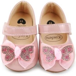 Clowora Infant Toddler Baby Girl Dress Shoes Mary Jane First Walking PU Leather Princess Wedding Rubber Sole Non-Slip with Bowknot Floral Flats - Image 2