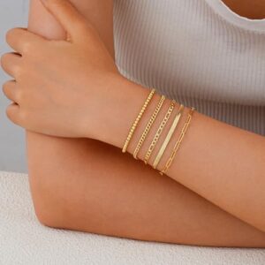 iF YOU Gold Bracelets for Women, 14K Gold Plated Stackable Bead Ball Cuban Link Paperclip Bracelets Bracelet Set, Layered Adjustable Bracelets for Women Waterproof Jewelry for Gift 5pc - Image 2