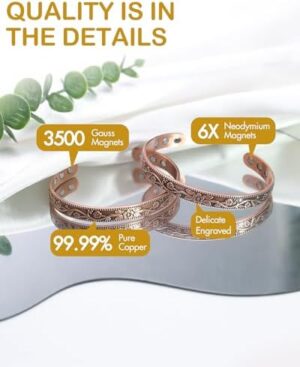 Feraco Copper Bracelet for Women, Ultra Strength Magnetic Bracelets, 99.99% Pure Copper Cuff Bangle with 3500 Gauss Neodymium Magnets, Adjustable, Vintage Flower Collection - Image 3