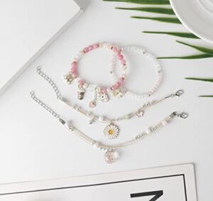 DS 4PCS Beaded Charm Bracelets for Teen Girls Dainty cute cartoon Crystal Beads Pearl Bracelets anklets set for woman and girls Adjustable Stretch bracelet birthday Gift For Friends - Image 4