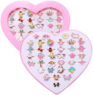 36pcs Little Girl Jewel Rings, Adjustable Unicorn Rings Toys, No Duplication Kids Play Rings in Box,Dress Up Rings for 4-12 Year Old Girls, Birthday Christmas Valentine's Day Holiday Gifts