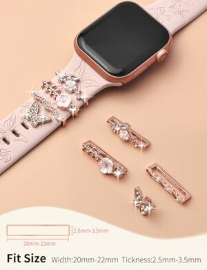 Watbro Floral Engraved Band and Decorative Rings Loops Compatible with Apple Watch Bands 40mm for Women 38mm 41mm, Soft Silicone Band With Decorative Apple Watch Charms for iWatch Series 10 9 8 7 6 5 - Image 4