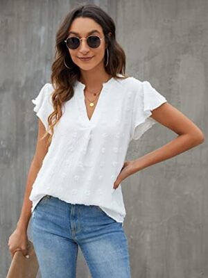 Blooming Jelly Womens White Blouse V Neck Ruffle Sleeve Flowy Shirts Dressy Casual Cute Summer Tops - Image 4