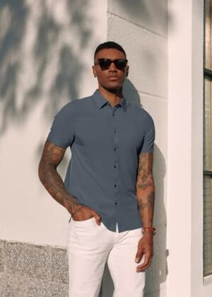 PJ PAUL JONES Mens Short Sleeve Button Down Shirts Wrinkle Free Stretch Dress Shirts for Men Casual Formal Shirt - Image 6