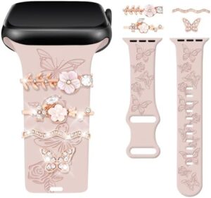 Watbro Floral Engraved Band and Decorative Rings Loops Compatible with Apple Watch Bands 40mm for Women 38mm 41mm, Soft Silicone Band With Decorative Apple Watch Charms for iWatch Series 10 9 8 7 6 5