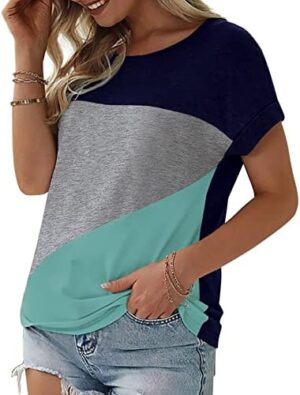 Womens Color Block Short Sleeve Tops Casual Summer T-Shirt - Image 2