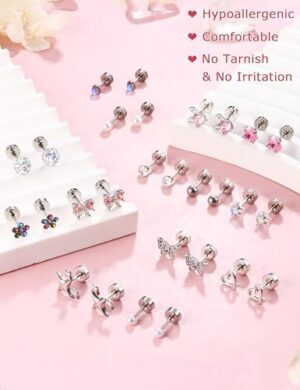 BESTEEL Silver Hypoallergenic Earrings for Girls Ages 8-12, Screw Back Stud Earrings for Kids, Cute Flat Back Surgical Steel Earring for Little Girl Sensitive Ears, Tiny Screwback Toddler Earrings Set - Image 9