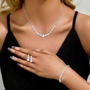 Jstyle Silver Jewelry Set for Women Rhinestone Crystal Necklace Drop Earrings Link Bangle Bracelet Bridal Wedding Jewelry Sets for Brides Bridemaid Prom Costume Accessories - Image 2