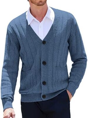 COOFANDY Men's Cardigan Sweater Cable Knit V Neck Button up Sweaters Ribbed Cardigan Sweater with Pockets