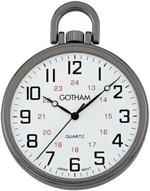 Gotham Men's Gunmetal Ultra Thin Railroad Open Face Quartz Pocket Watch # GWC15026B