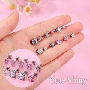 SAILIMUE 12 Pairs Hypoallergenic Screw Back Earrings for Women Girls Surgical Steel Cute Heart CZ Flower Pearl Ball Tiny Screwback Stud Earring - Image 5