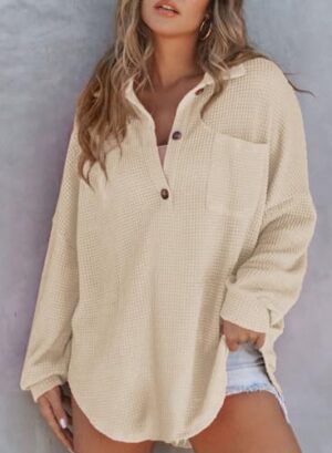 Astylish Women Waffle Knit Tops Henley Shirts Long Sleeve V Neck Solid Color Casual Tunic - Image 2