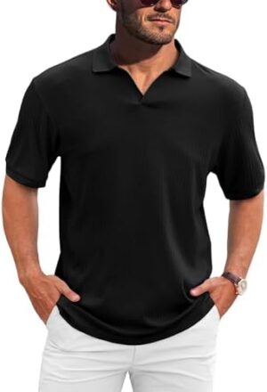 Hodaweislop Men's Knit Polo Shirts V Neck Casual Short Sleeve Classic Fit Ribbed Golf Shirt