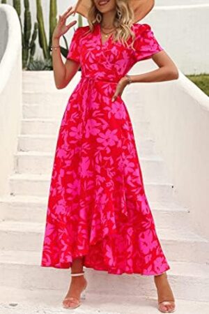 PRETTYGARDEN Women's Summer Wrap Maxi Dress Casual Boho Floral V Neck Short Sleeve Ruffle Hem Split Beach Long Dresses - Image 7