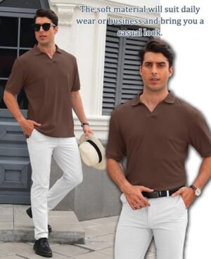 Hodaweislop Men's Knit Polo Shirts V Neck Casual Short Sleeve Classic Fit Ribbed Golf Shirt - Image 5