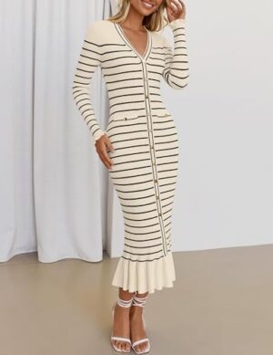 ZESICA Women's Striped Sweater Dress 2025 Spring Long Sleeve V Neck Button Elegant Slim Fit Bodycon Knit Dresses - Image 3