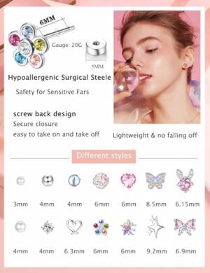 BESTEEL Silver Hypoallergenic Earrings for Girls Ages 8-12, Screw Back Stud Earrings for Kids, Cute Flat Back Surgical Steel Earring for Little Girl Sensitive Ears, Tiny Screwback Toddler Earrings Set - Image 6