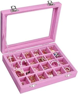 Velvet Jewelry Box 24 Grid Jewelry Ring Display Organiser Box Tray Holder Earrings Storage Case for Girls Wife Mom Women (Pink)