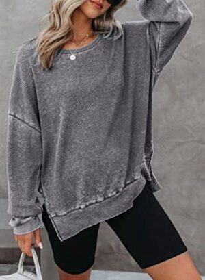 Dokotoo Womens Oversized Waffle Knit Crewneck Sweatshirts Long Sleeve Side Slits Casual Pullover Sweatshirt Tops - Image 3